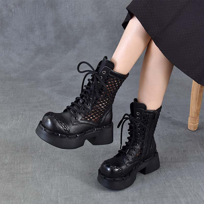 With First Layer Of Cowhide Mesh Chunky Martin Platform Sandals