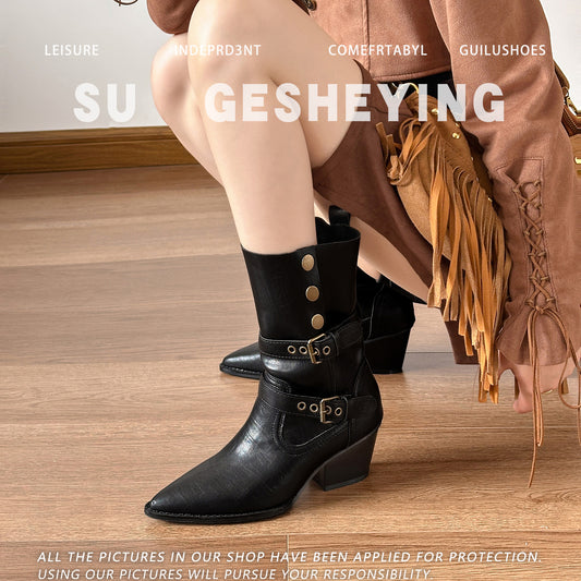 Women's Skinny Autumn Retro Pointed Western Fashion Women's Leather Boots