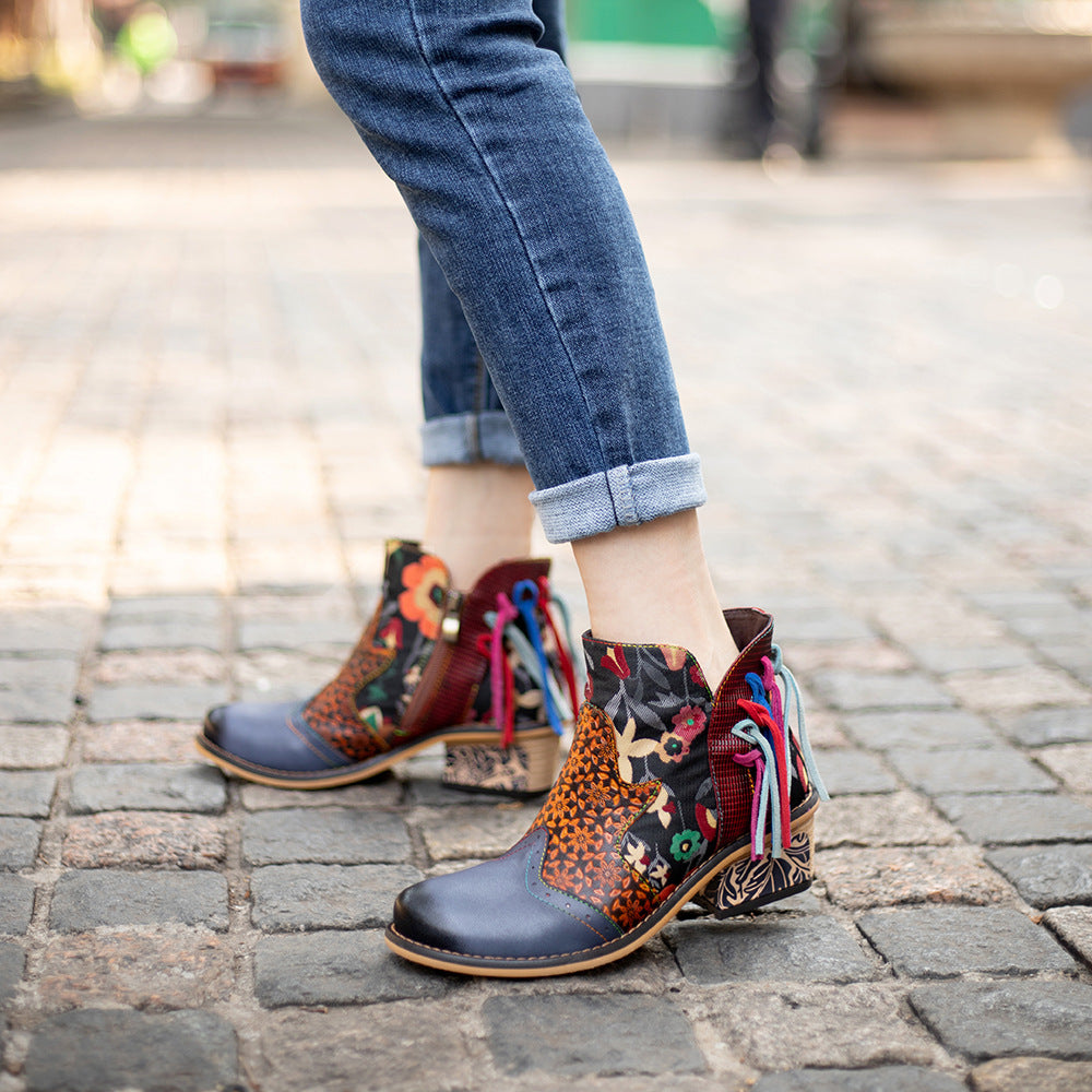 Women's Fine Printing Tassel Jacquard Mid Fashion Women's Leather Boots