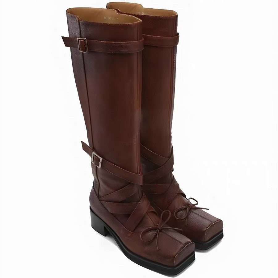 Women's Cowhide Version Square Head Ballet Chunky Tall Knight Heels