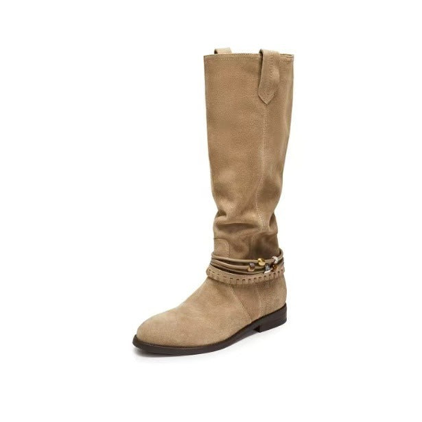 Women's Pastoral Retro Western Cowboy Elegant High-grade Pile Women's Leather Boots
