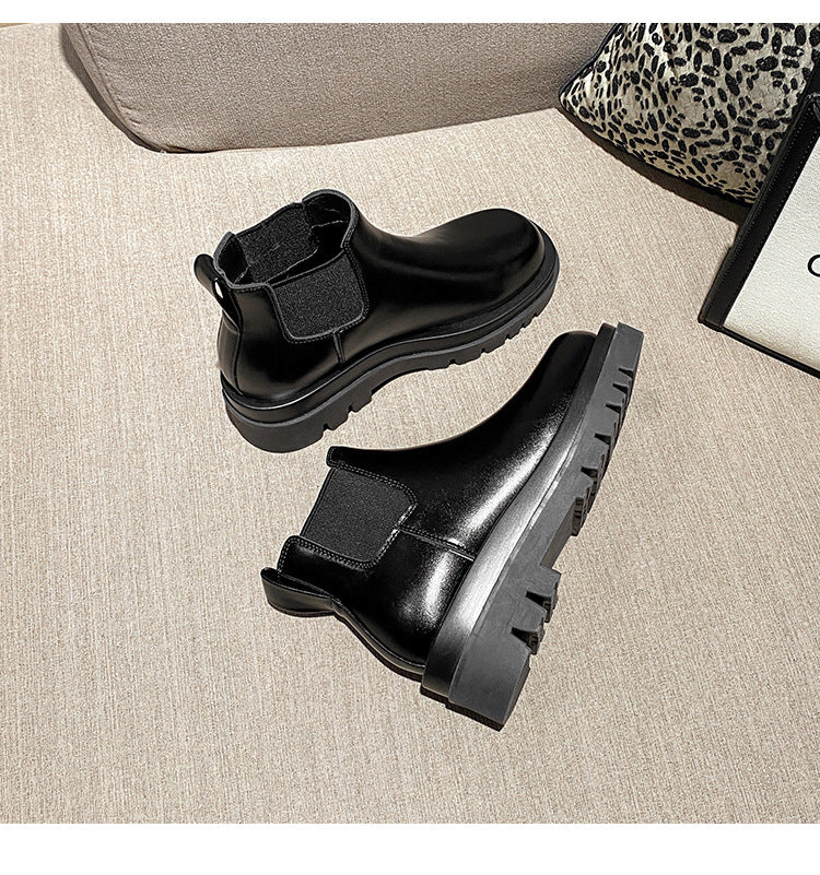 Women's Cowhide Version Fleece-lined Platform Chelsea Booties Hight Increasing Martin Women's Leather Boots