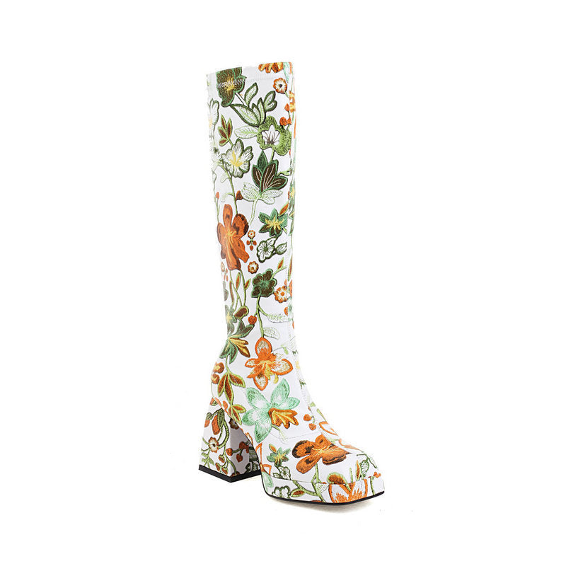 Women's High Leg Embroidered Thick Super Knee-high Long Women's Leather Boots