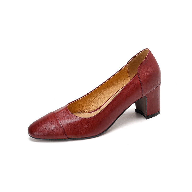 Women's Retro Thick High Genuine Shallow Mouth Slip-on Commute Black Red Women's Fashion Shoes