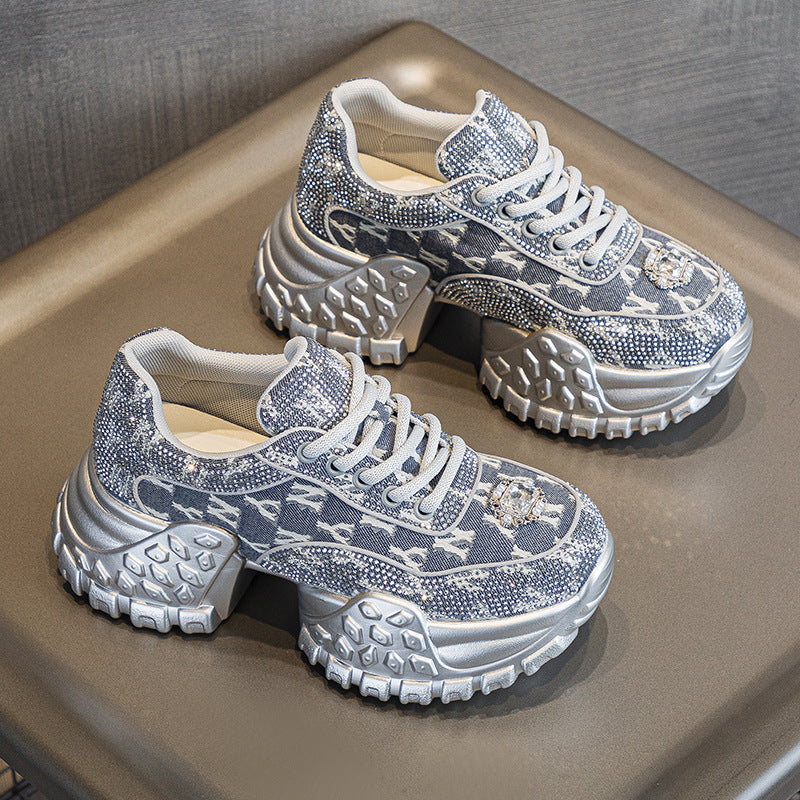 Women's Dad Platform Height Increasing Rhinestone Denim Korean Fashion Street Women's Sports Shoes