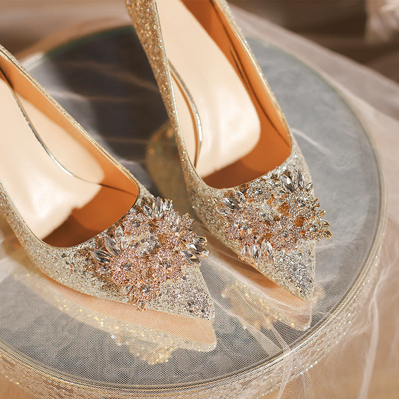 Women's Square Buckle Wedding Bride Dress Champagne French High Large Size Women's Fashion Shoes