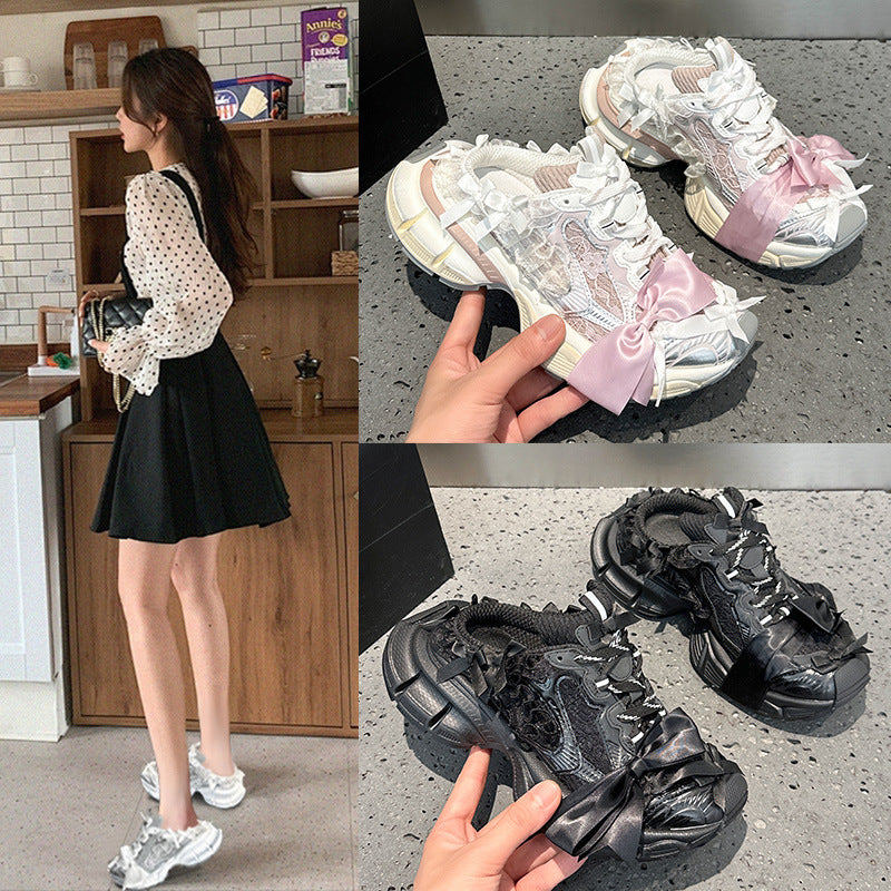Women's Paris Lace Bow Half Thick Bottom Heightened Daddy Mesh Breathable Women's Sports Shoes