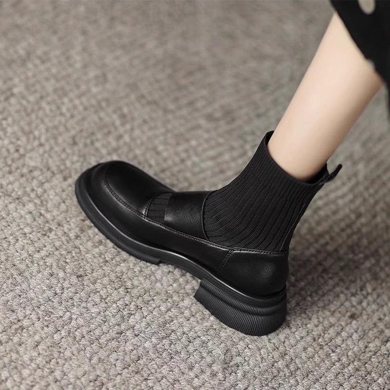 Women's One Genuine Retro Round Head Ankle Knitted Sock Chunky Women's Leather Boots