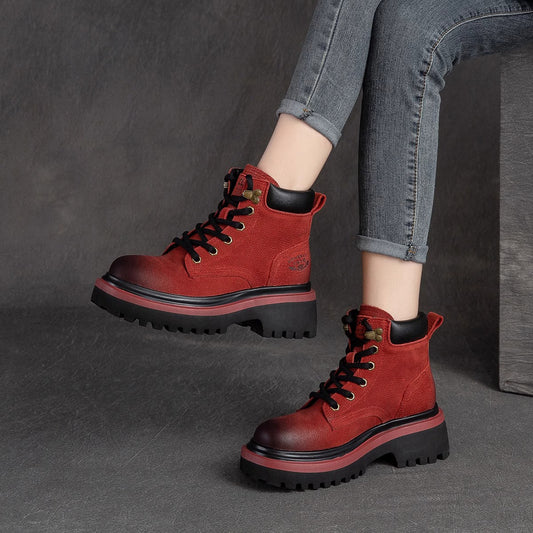 Women's Genuine Thick-soled British Style Martin Cowhide High Worker Vintage Fleece-lined Women's Leather Boots