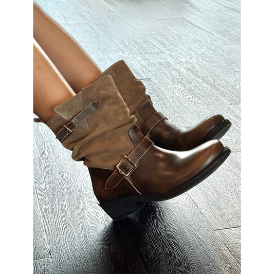 Women's Distressed Fashion Brushed Chunky Platform Knight Belt Boots
