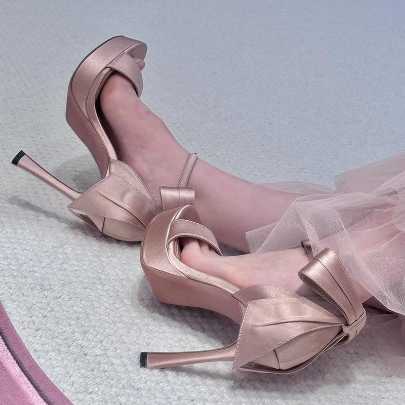Open Toe Platform Satin Bowknot Bag Buckle Sandals