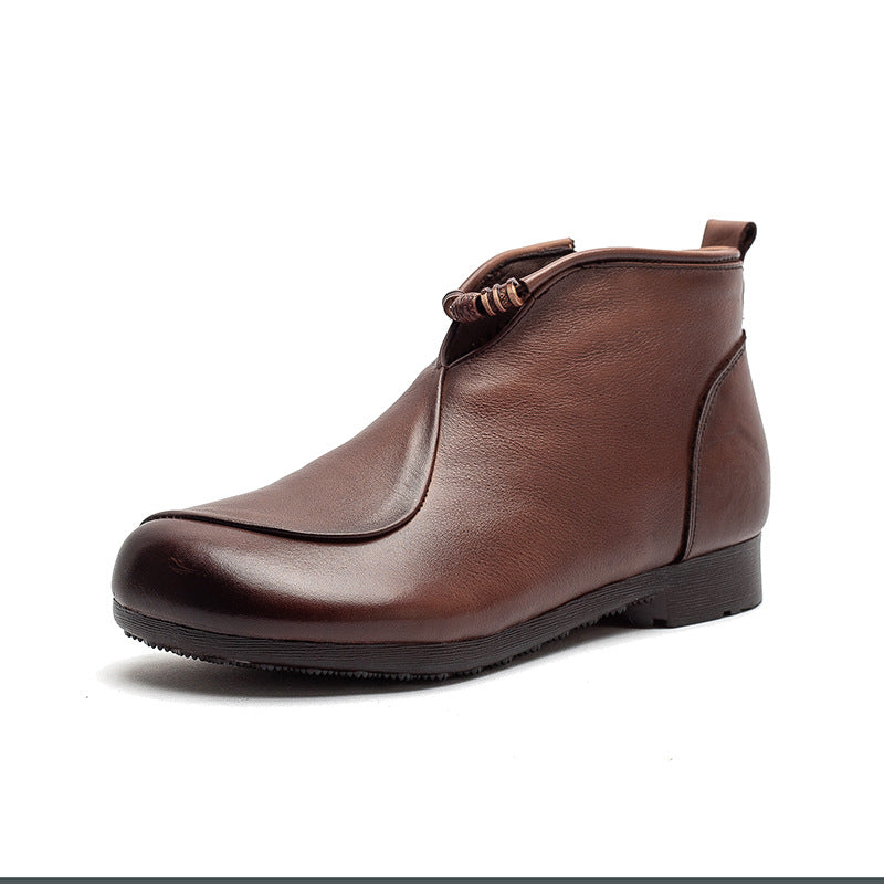 Women's Winter First Layer Cowhide Retro Style Flat Women's Leather Boots