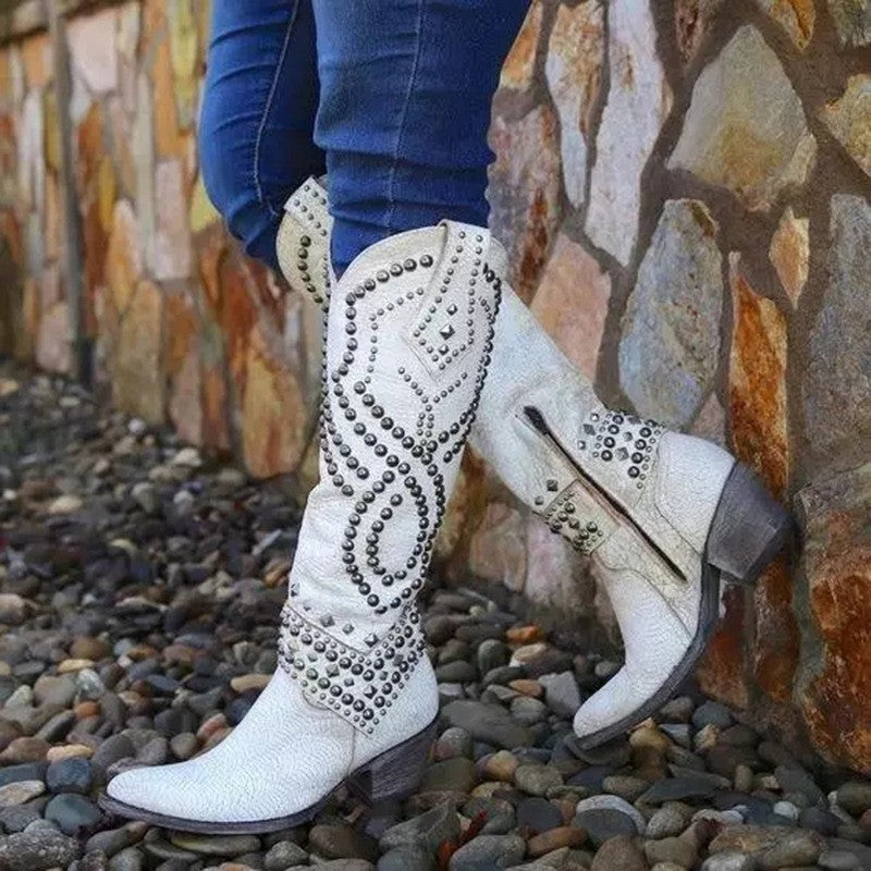 Women's Rivet Thick Mid Plus Size High Women's Leather Boots