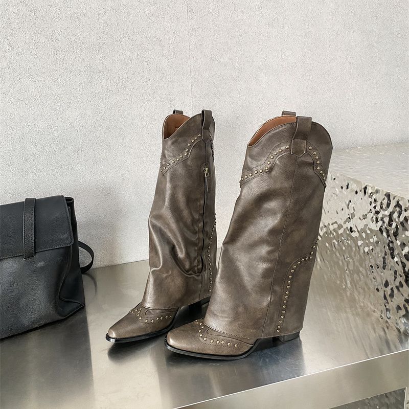Women's Retro Willow Knee-high Brown Rivet Pantyhose Chunky Women's Leather Boots