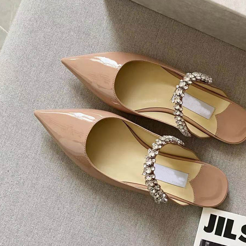 Women's High Version Rhinestone Patent Pointed Toe Pumps Mules Flat Slippers