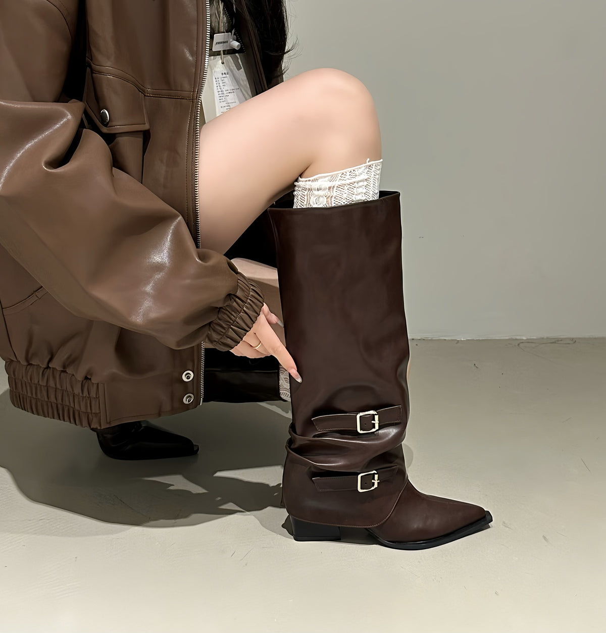 Pants Pointed Long Female Black Pile Style Women's Leather Boots