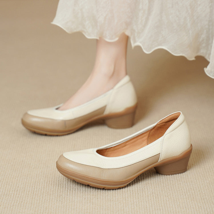 Women's Soft Sheepskin Color Matching Platform Genuine Round Toe Pumps Mid Women's Fashion Shoes