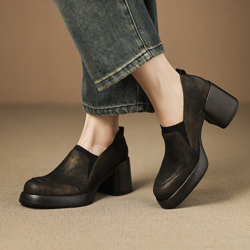 Women's Deep Mouth Pumps Thick Bottom Round Toe High Genuine Women's Fashion Shoes