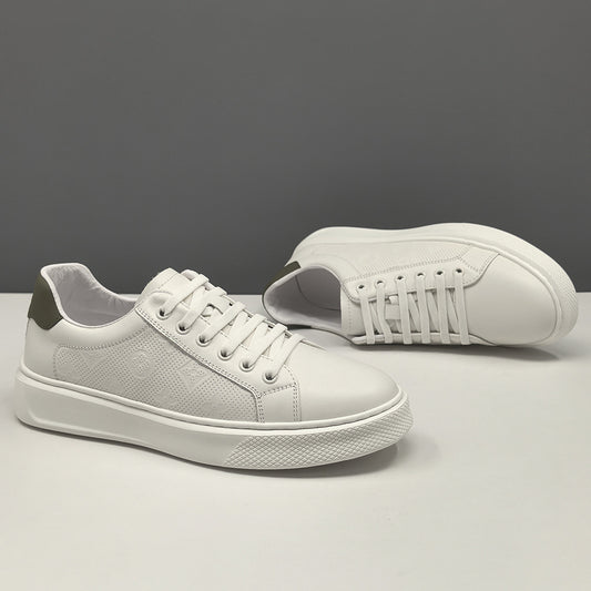 Men's Cowhide Easy Wear Thick Bottom Breathable White Men's Board Shoes