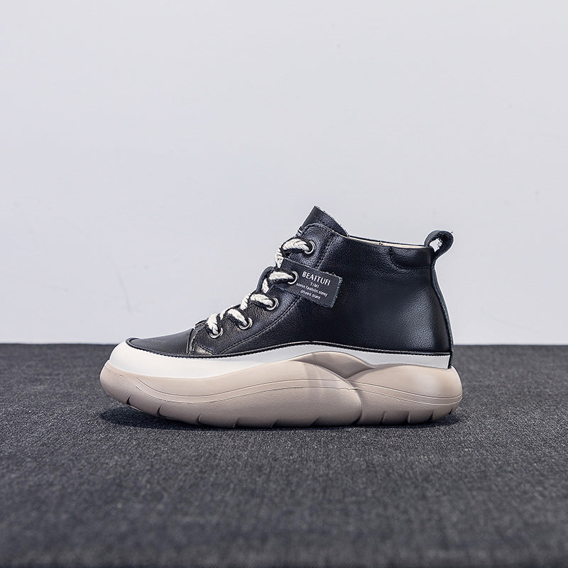 Women's Layer Cowhide White Spring Thick Bottom Nurse Casual Shoes