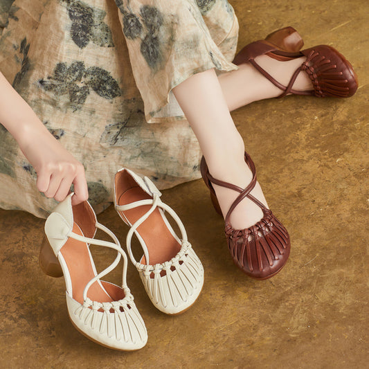 British Round Head Genuine Comfortable Thick Hollow Magic Women's Casual Shoes