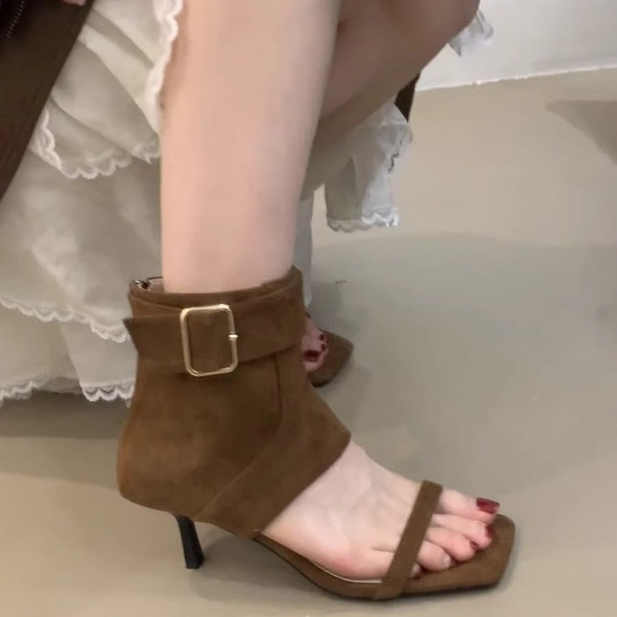 Stiletto Female Little Fairy Vintage Suede Open Toe Belt Heels