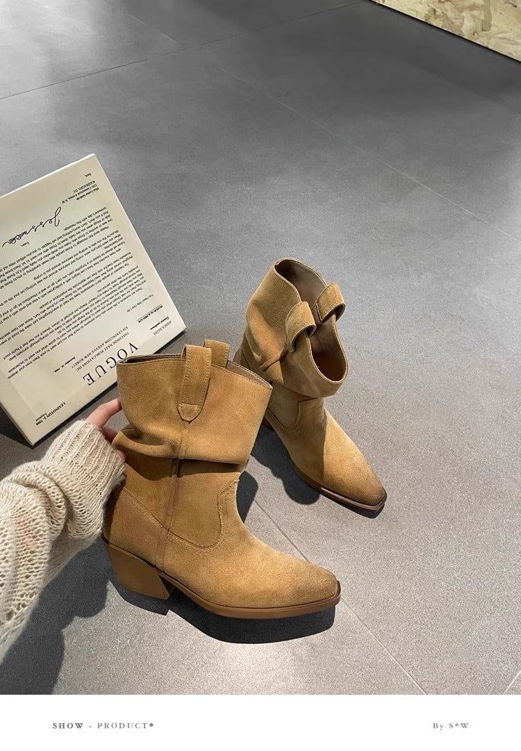 Women's Version Chunky Martin Retro Western Cowboy Pile Style Square Women's Leather Boots