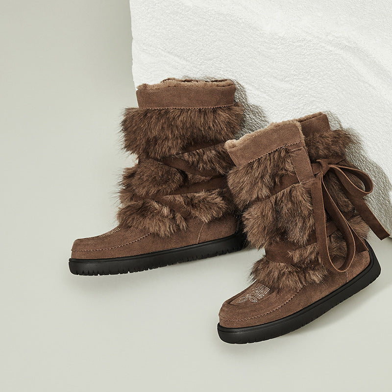 Women's Platinum Round Toe Niche Strap Genuine Warm Boots