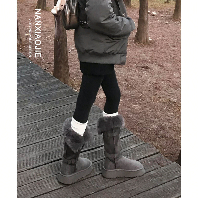 Women's Gray Winter Northeast Thickened Fleece-lined Thick-soled Boots
