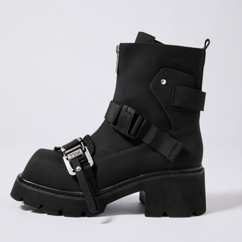 Square Toe Niche Black Warrior Mobile Thick Bottom Chunky Martin Women's Leather Boots