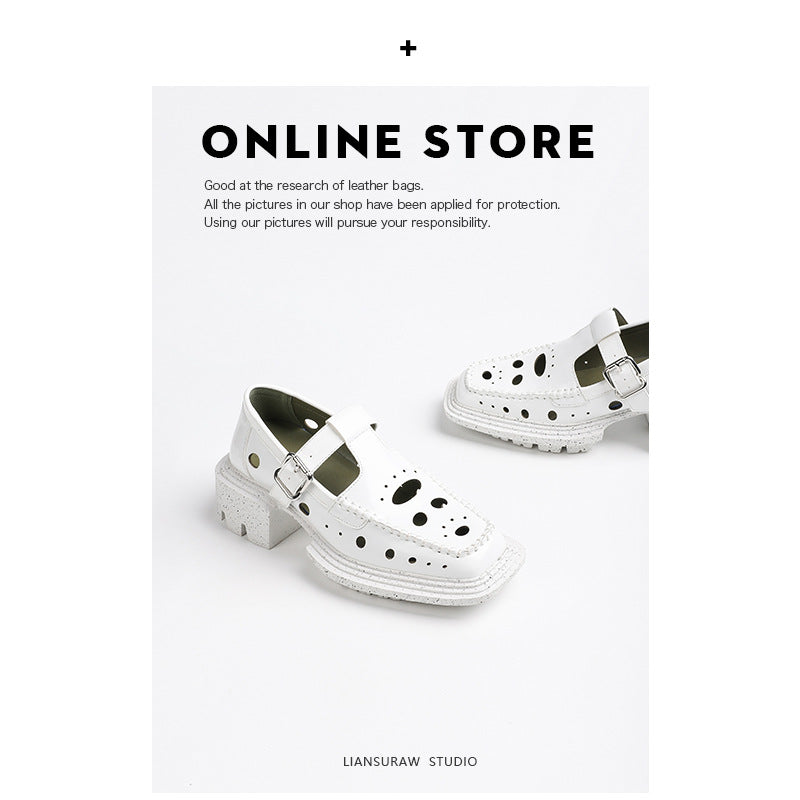 Women's Hole Square Toe Platform Belt Buckle Sandals