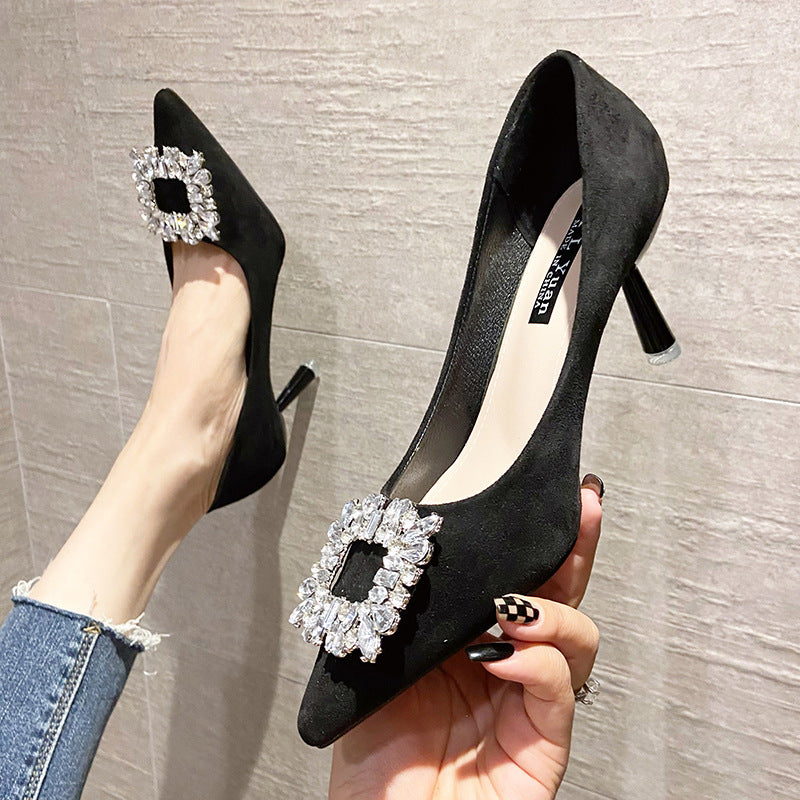 Women's Spring Rhinestone Square Buckle Pointed High Fashion Shallow Women's Shoes