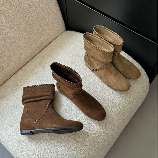 Women's Height Increase Wedge Woven Suede Round Toe Low-cut Thin Martin Boots