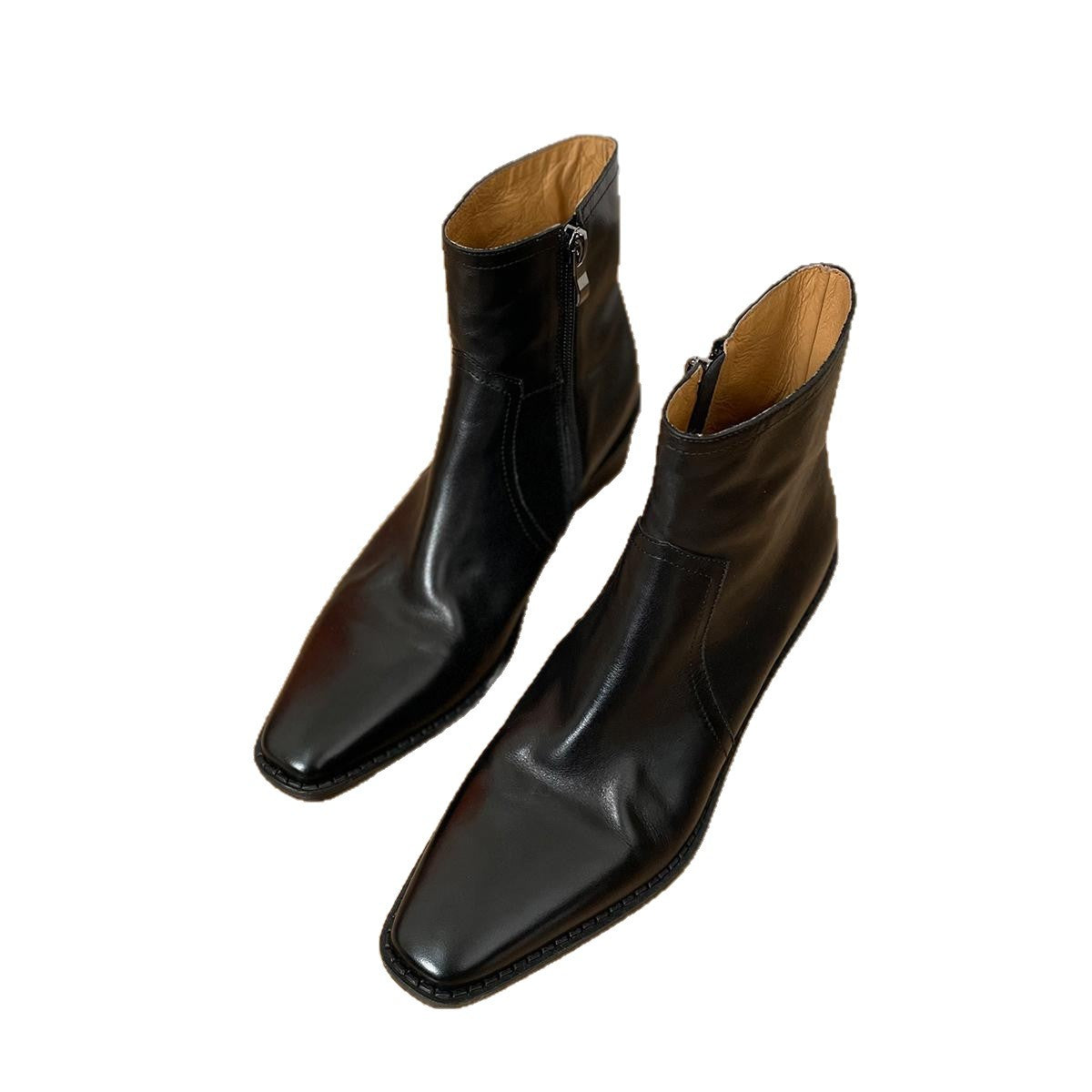 Women's Washed First Layer Cowhide Square Toe Short Chunky High Boots