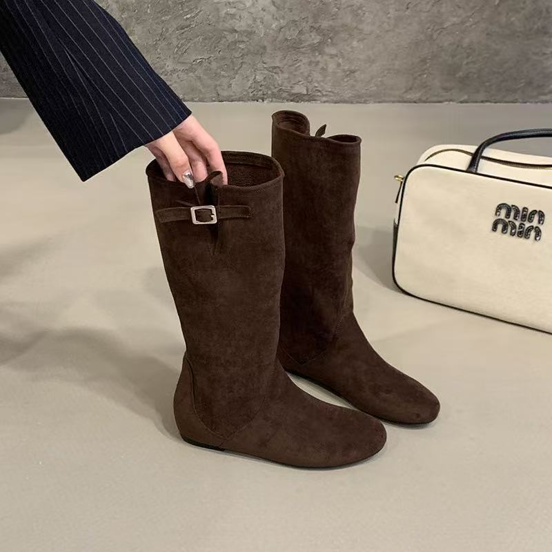 Fashionable Simple Round Head Korean Style Flat Slimming Fashion Women's Leather Boots