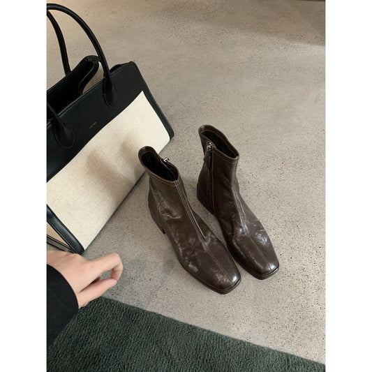 Style Square Head Washed Horse Thin Booties Boots