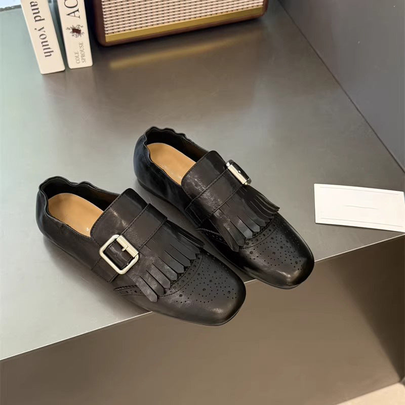 Women's Cowhide Square Head Carved Niche Tassel Spring Vintage Loafers