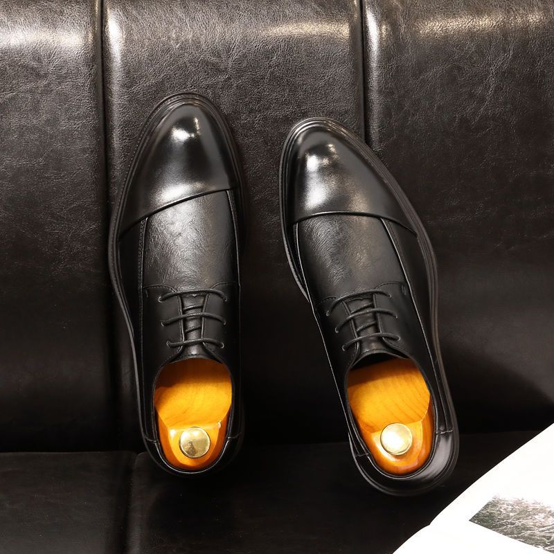 Men's Genuine Brown Lace Thick Bottom Pointed Toe Green Korean Leather Shoes