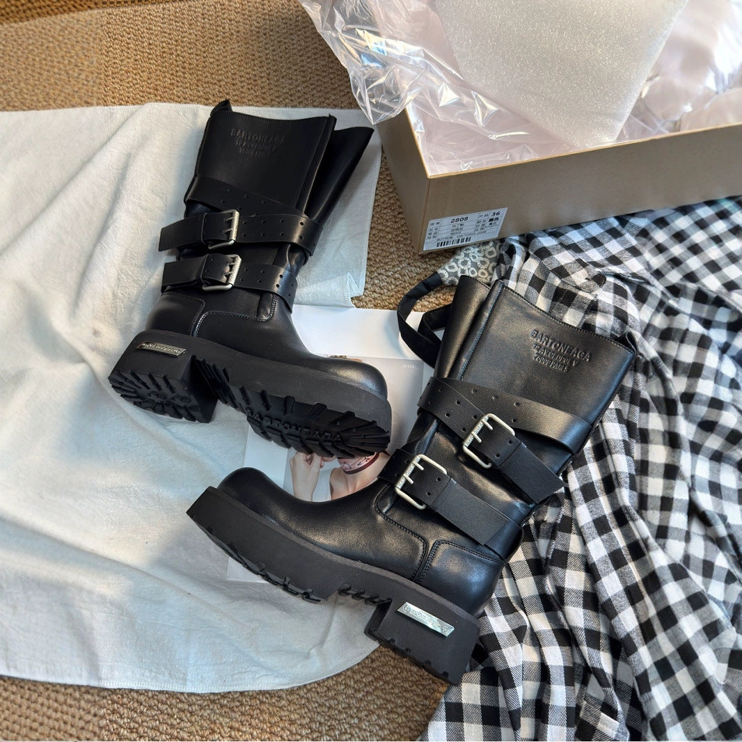 Belt Buckle Venom Big Tube Circumference Thick Bottom Height Increasing Women's Leather Boots