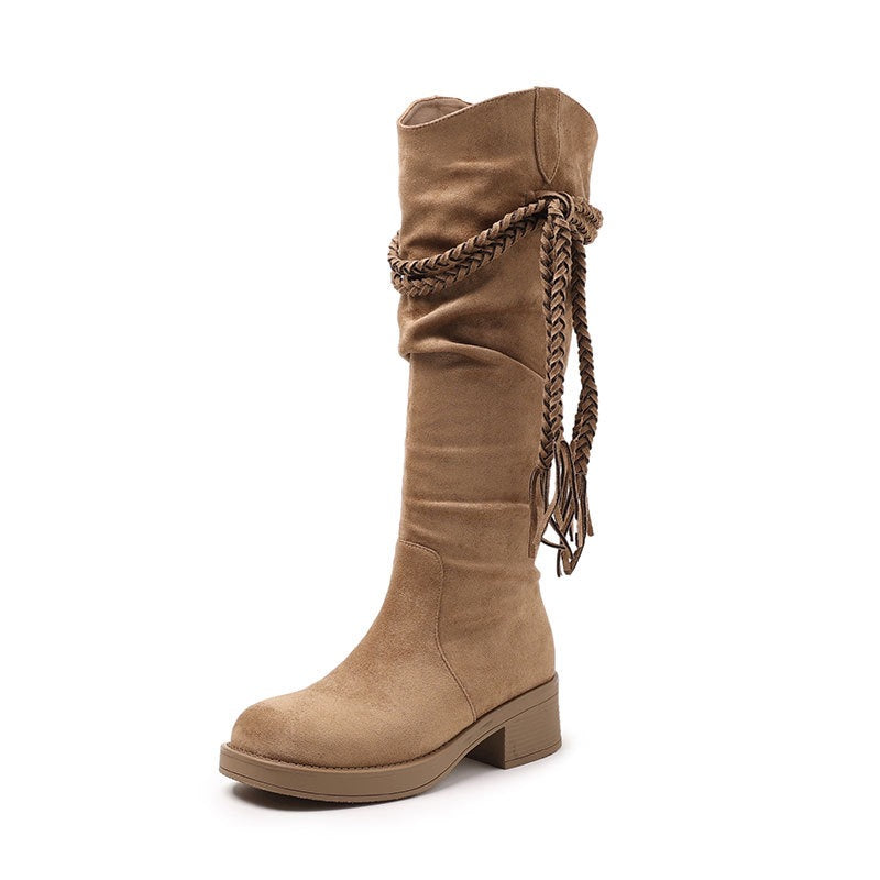 Women's Waste Soil Style Tassel Western Denim Knight Thick Brown Retro Women's Leather Boots