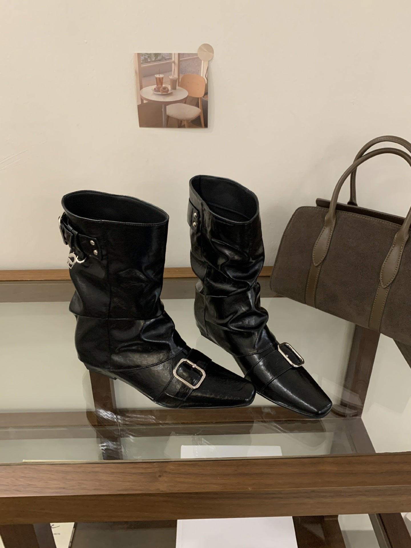 Women's Brown Belt Buckle Booties Western Pile Style Women's Leather Boots