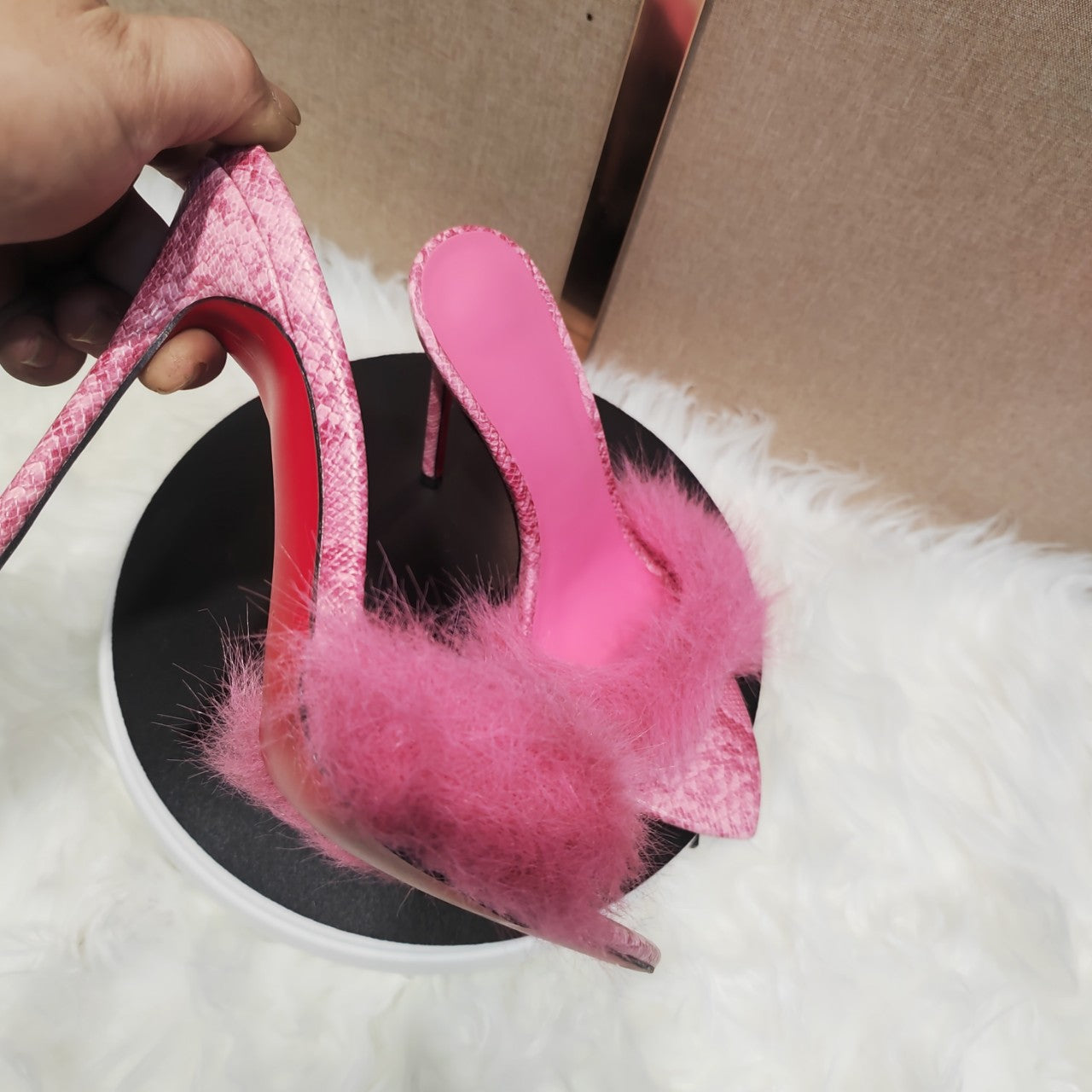 Plaid Feather Mules Roman Pointed Stiletto Heels