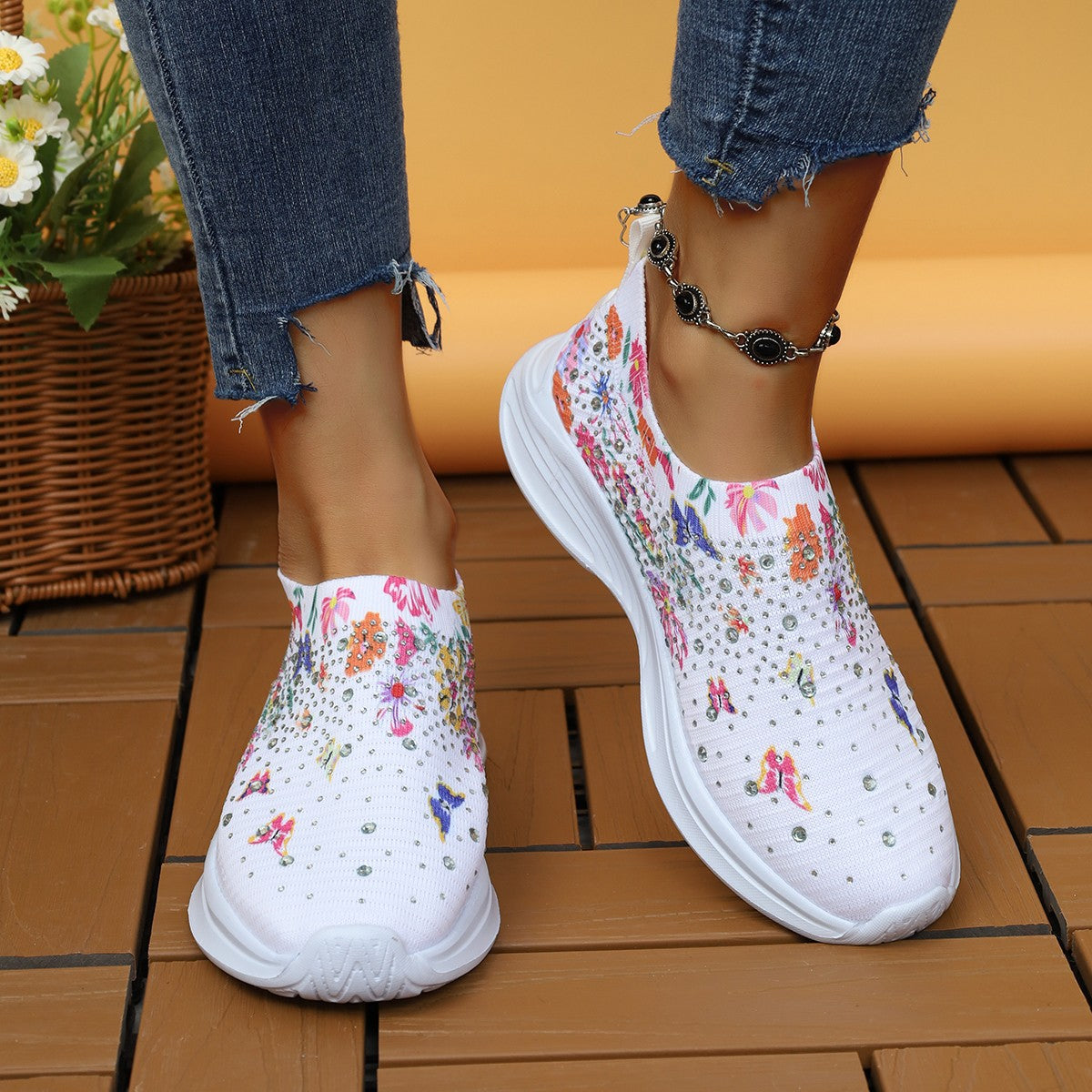 Women's & Men's Size Running Printed Flowers Rhinestone Slip-on Men's Shoes