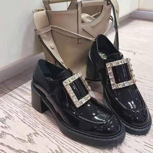British Style Female Preppy Patent Square Buckle Loafers