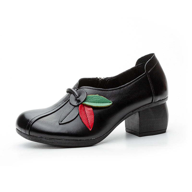 Women's Autumn Thick Soft Bottom First Layer Cowhide Ethnic Style Flower Heels