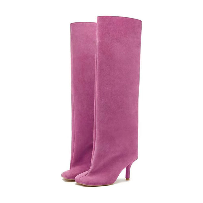 Women's Square Toe Stitching Stiletto Straight High Simple Women's Leather Boots
