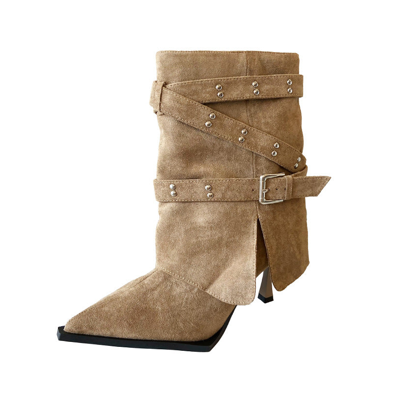 Women's Belt Buckle Wide Tube Fashion Skinny Stilettos Boots