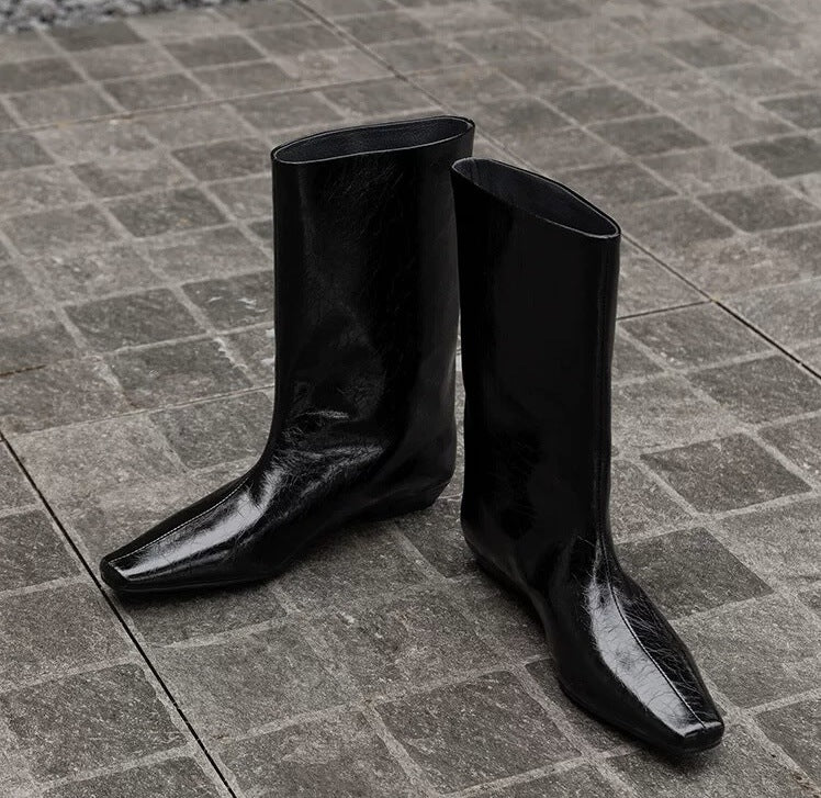 Women's Cowhide Version Minimalist Style Square Toe Wedge Boots