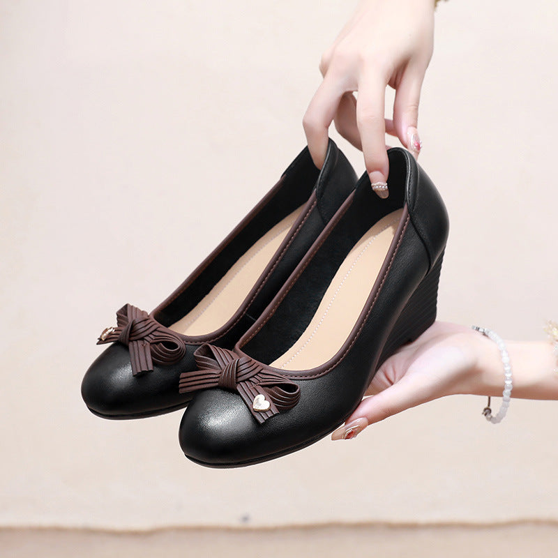 Women's Autumn Wedge Mother Pumps Soft Bottom Top Layer Contrast Color Leather Shoes