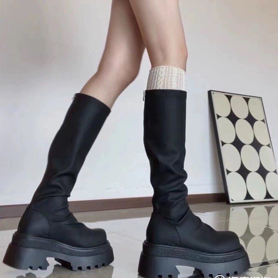 Fleece-lined Pleated Stretch Muffin Thick Bottom Thin Long Female Slimming Women's Leather Boots